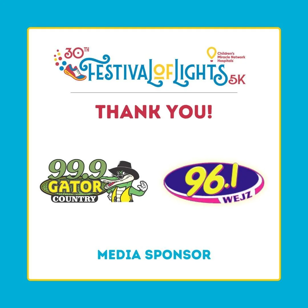 Thank you @99.9gatorcountry and @961wejz for supporting the Festival of Lights 5k as our Media Sponsor! We can't wait to see everyone out in San Marco Square tomorrow!
