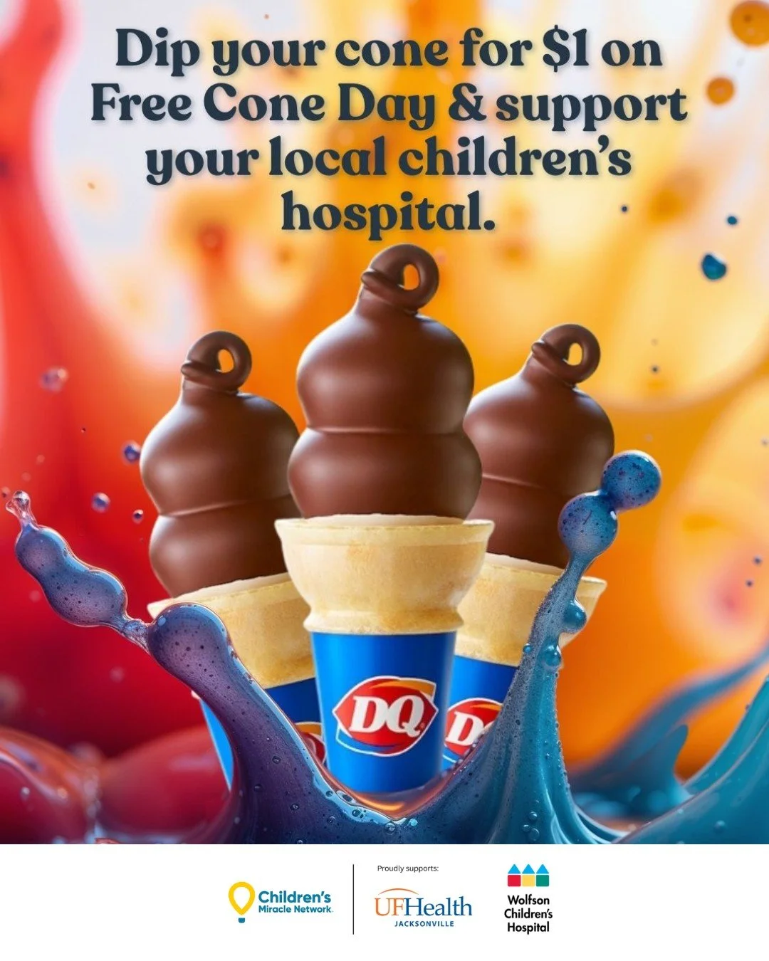 TODAY&rsquo;S THE DAY! Don&rsquo;t forget to #DipIt4Kids when you visit participating @dairyqueen locations. For just $1, you can dip you free cone to support @wolfsonchildren and @ufhealthjax. Help kids in your community get the critical care they n