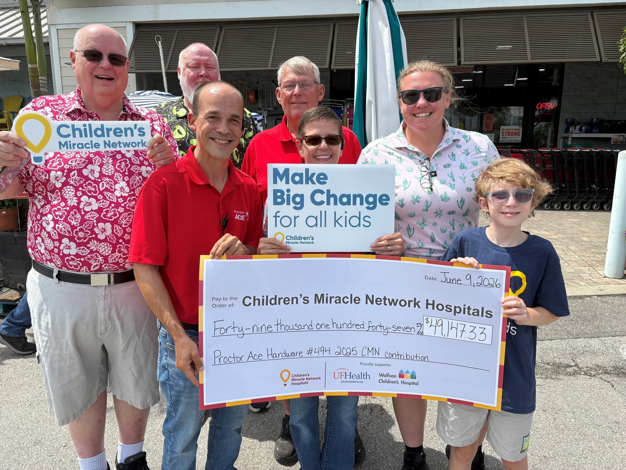 Thank you @proctor_ace_hardware for your commitment to Make Big Change for All Kids at @ufhealthjax pediatrics and @wolfsonchildren! The Proctor Ace Hardware location in Neptune Beach was our highest fundraising store in 2025 and we are grateful for 