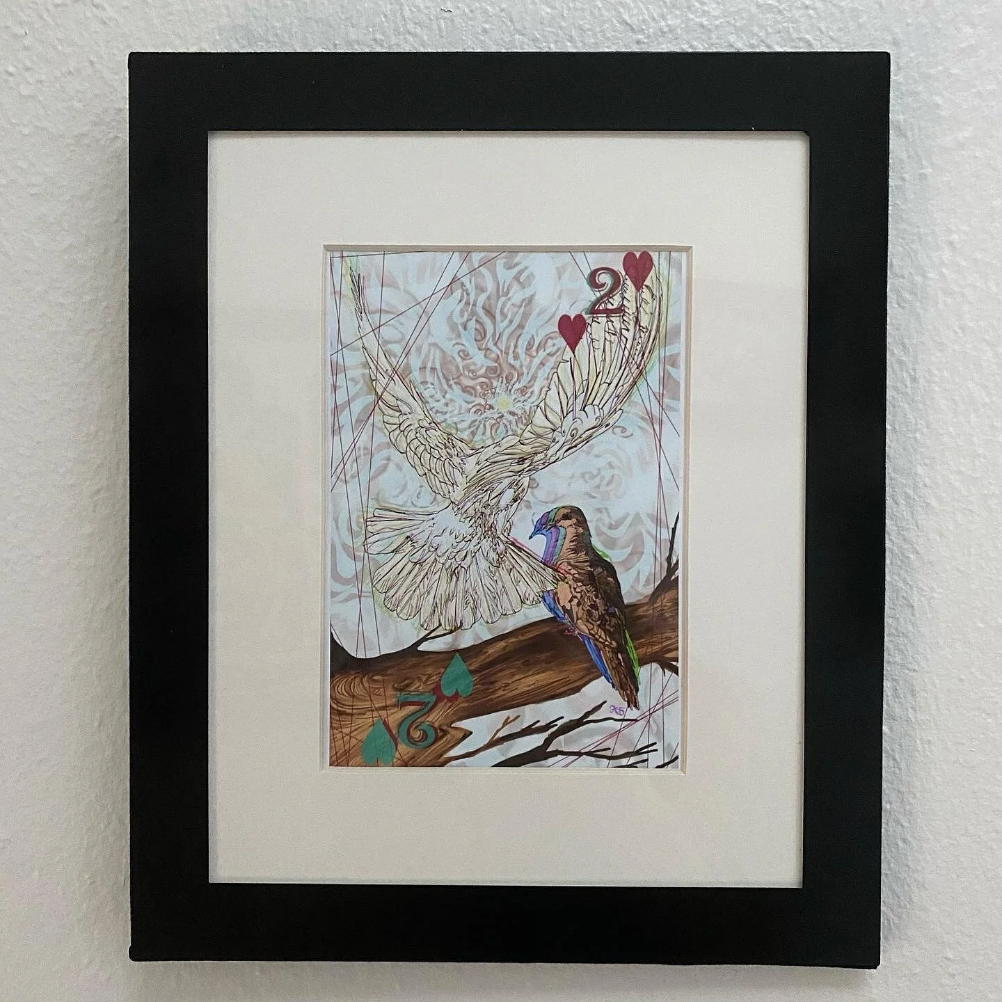 <img src="The Two of Hearts: The Dove, 5 X 7 art print framed" alt="Dove two of hearts card framed">