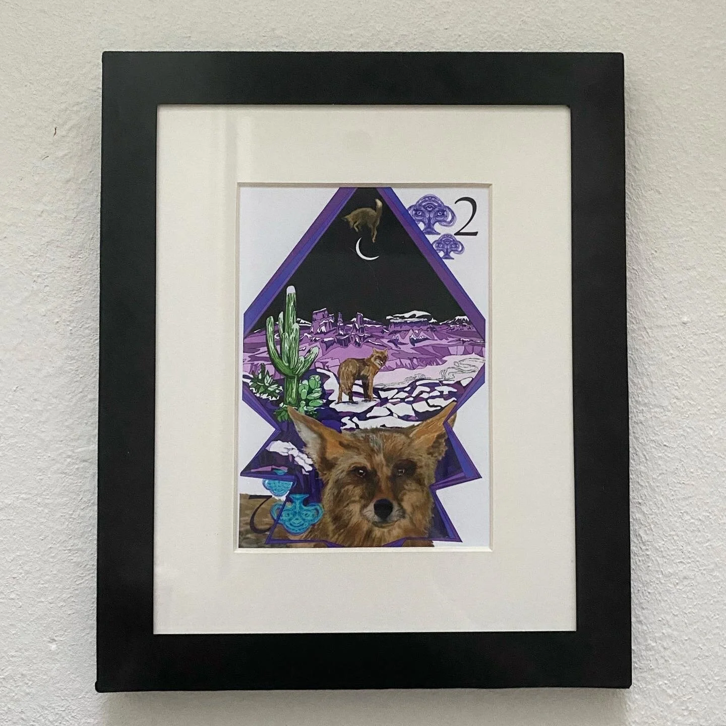 <img src="The Two of Clubs: The Coyote, 5 X 7 art print framed" alt="Coyote two of clubs card framed">