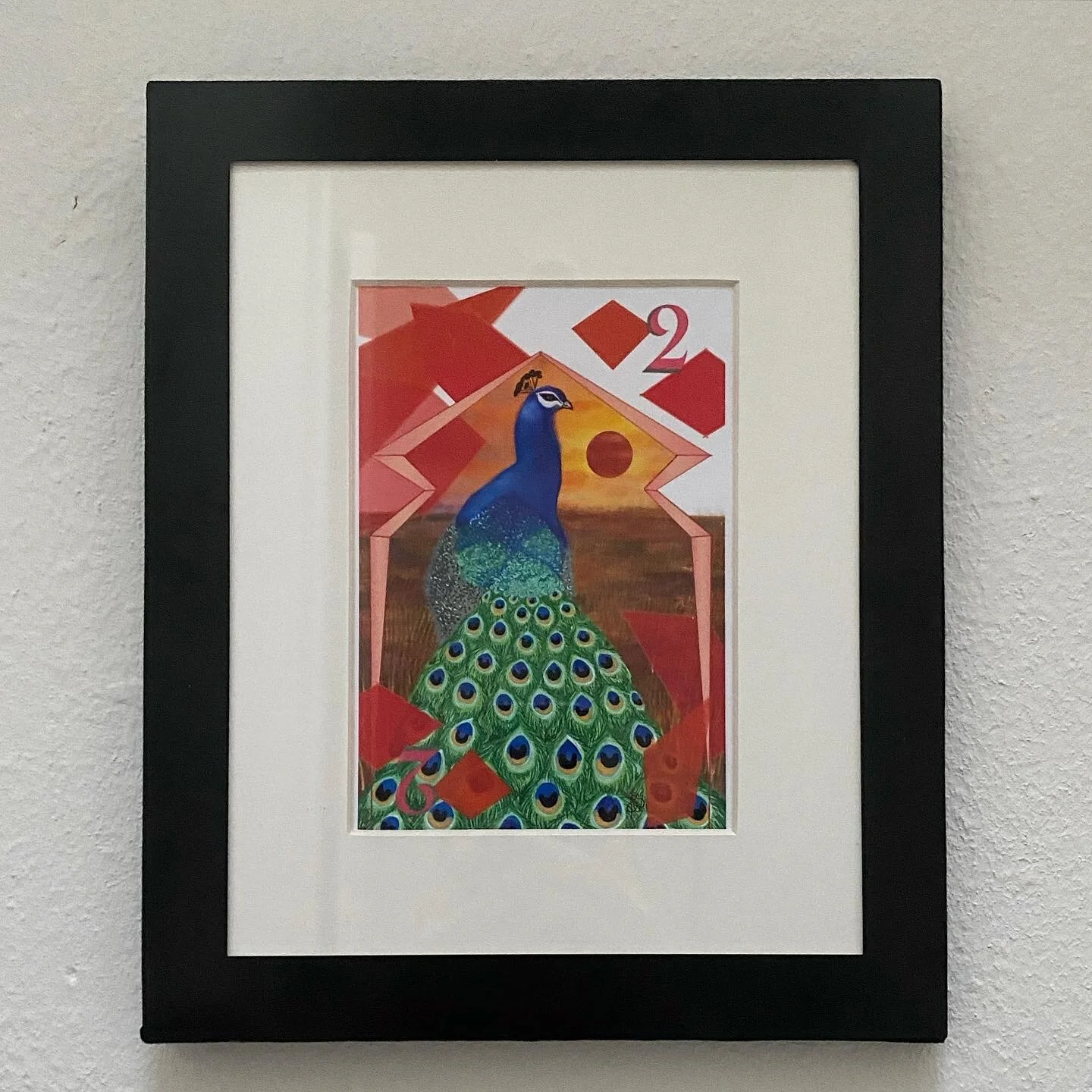 <img src="The Two of Clubs: The Peacock, 5 X 7 art print framed" alt="Peacock two of diamonds card framed">