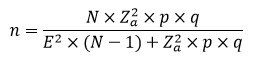 En donde N = tamaño de la población, Z = nivel de confianza, p= probabilidad de éxito, o proporción esperada, q = probabilidad de fracaso, E = Error máximo admisible en términos de proporción. (Wackerly, 2008)