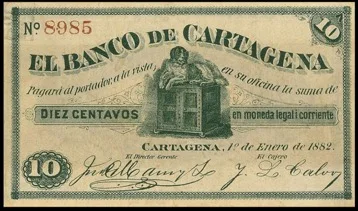 Billete diez centavos del Banco de Cartagena durante la época de Banca Libre. Fuente: Meisel, A. 2015. Antecedentes del Banco de la República, 1904-1922.
