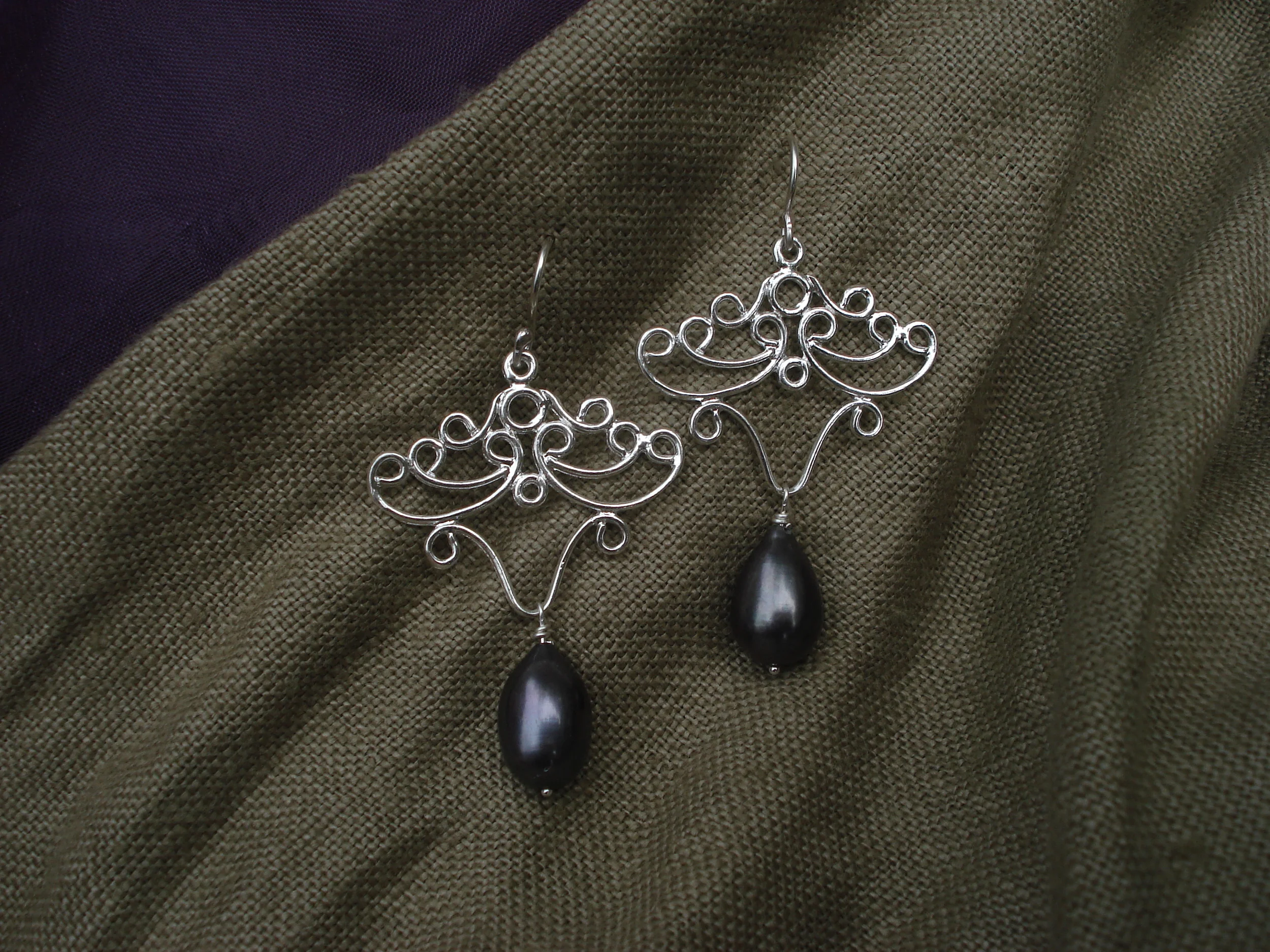 Peacock. Designer sterling filigree earrings. 