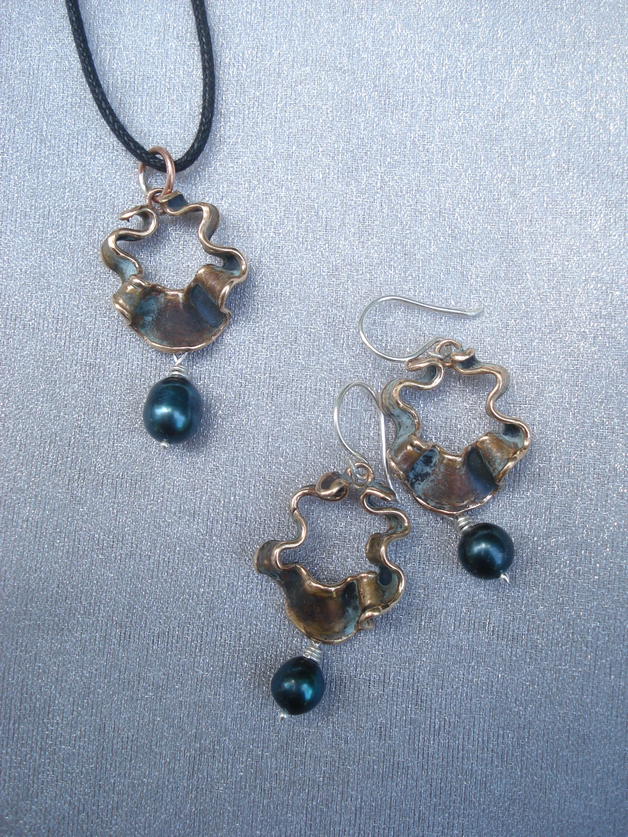 Bronze Wreath With Green Patina, Boutique Designer Earrings & Pendant with Fresh Water Pearls