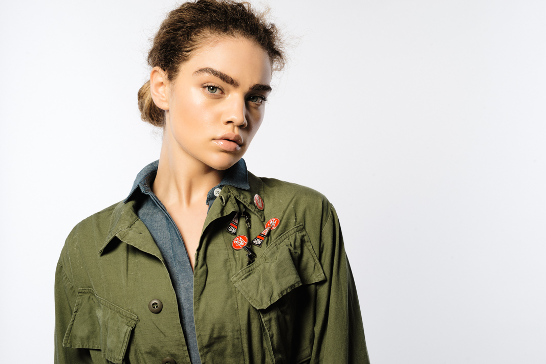 On Model: Sir & Madame Split Back Shirt in denim , vintage jacket, Sir & Madame Pins