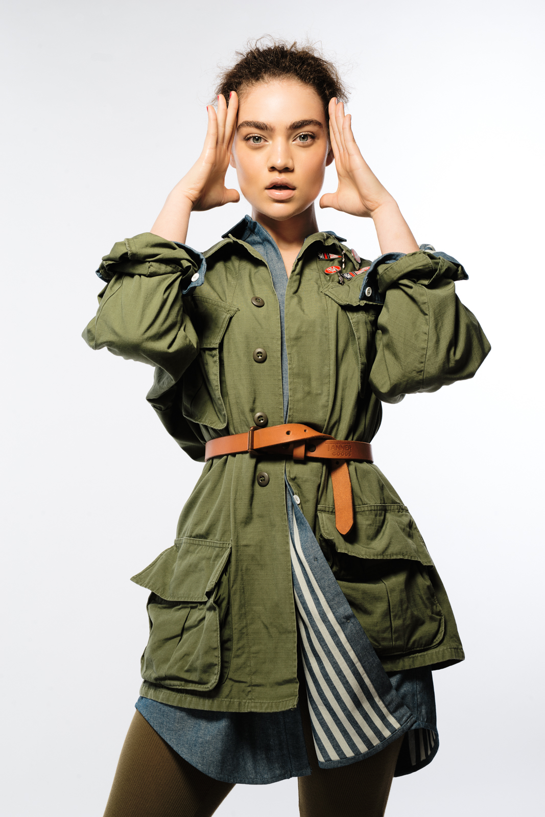 On Model: Sir & Madame Split Back Shirt in denim , vintage jacket, Sir & Madame Pins , Tanner Goods belt, Cheap Monday Leggins