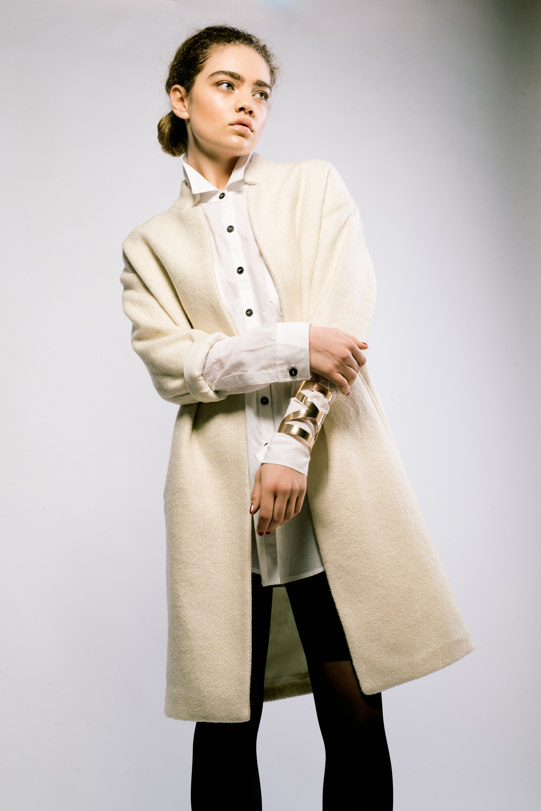 On model: Sir & Madame Woven Shirt in white , vintage coat and bracelet. 
