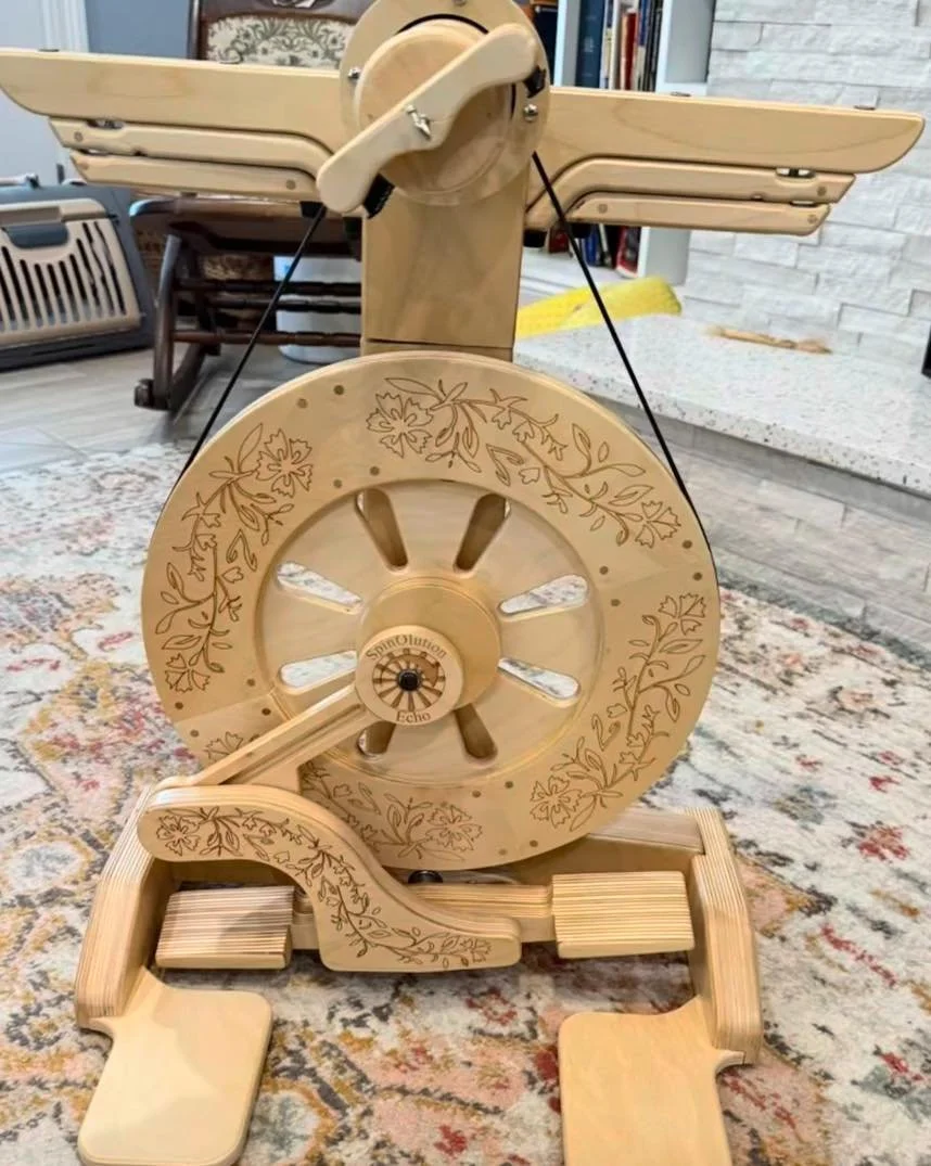 Check out this beautiful engraved echo with dealer @thewheelandanvil . Check out their profile to learn more.  #fiberartist #spinningwheel #fiberartistsofinstagram
