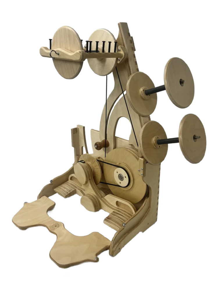 Wooden mechanical contraption with gears and levers, decorated with floral patterns, mounted on a wooden base.