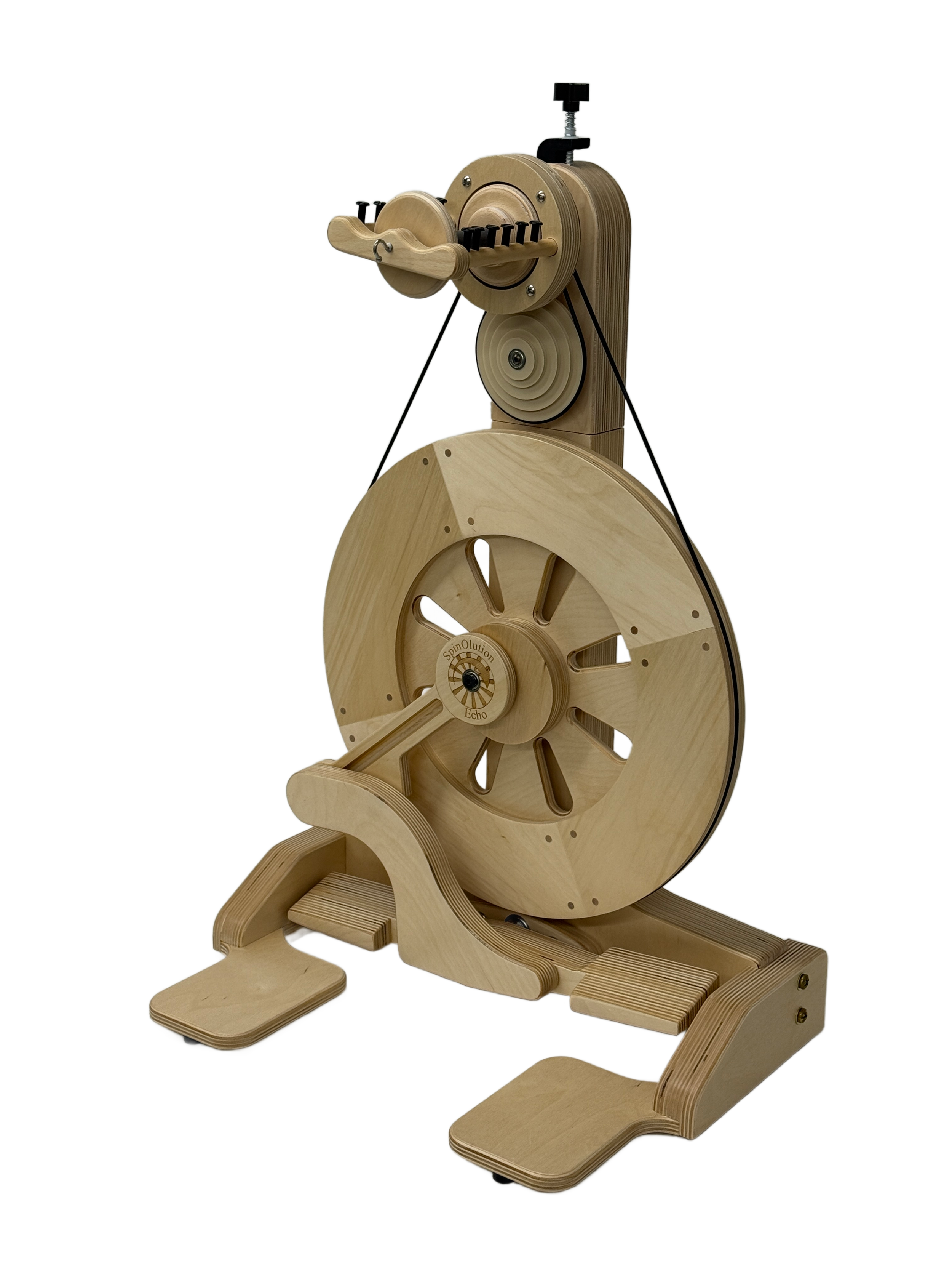 A wooden mechanical clock labeled 'SpinOution Echo' with engraved floral patterns on the face and base, featuring a large circular wheel and a smaller arm.