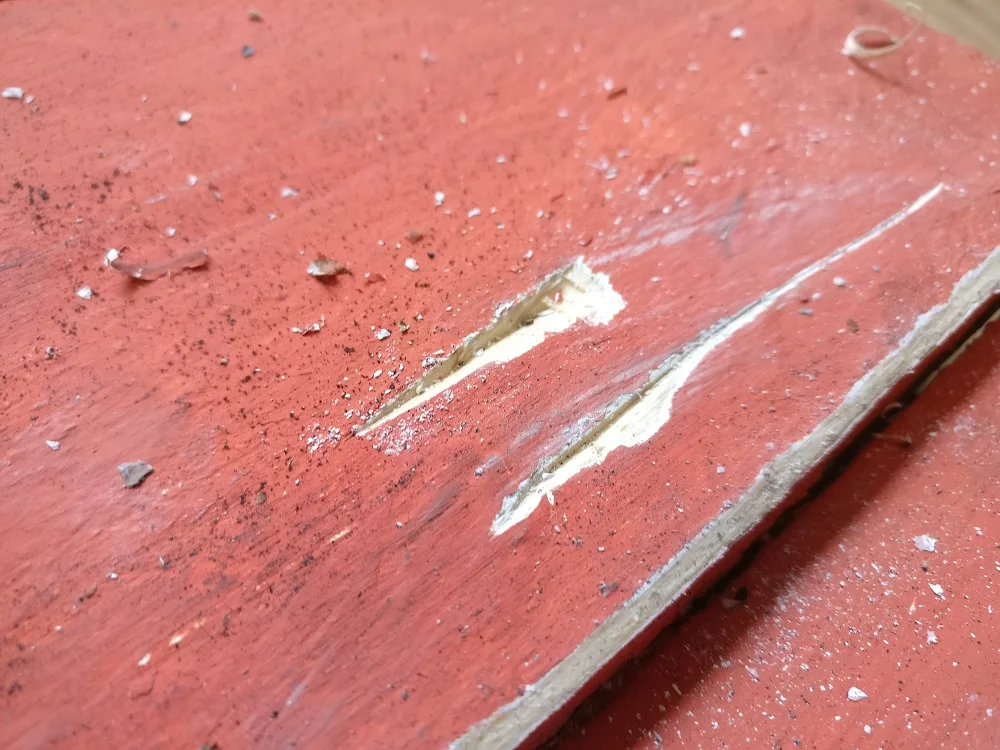 Chiselled splinters.