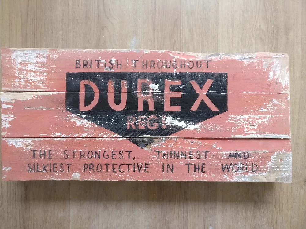 Durex board - sanded back so base white coat and wood coming through.