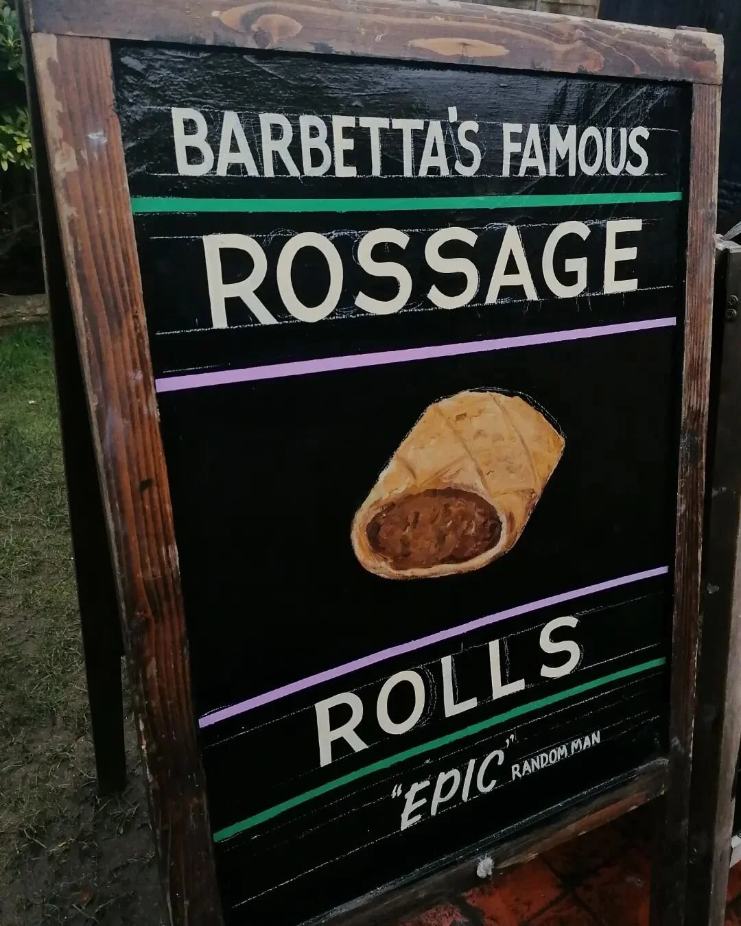 Here's some gnarly fly away A boards I painted up for the Annie the Queen of Sausage Rolls @barbettasdeli. This was during one of the lock downs, hence the messaging.

Some proper signwriting this. Few lines, tick on some loose pencil marks and bosh 