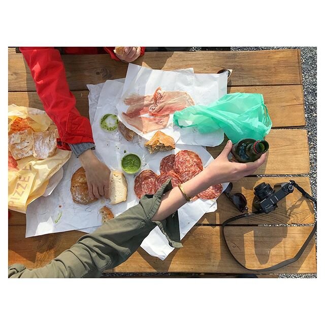 We got a brief respite from the boat, so @theloneliestmonk, @themollymcadoo and I took the funicolare up above Genoa with some of our best friends: finocchiona, prosciutto cotto, ciabatta, pesto genovese, toma di capra, bugie, and a &euro;3 litre of 