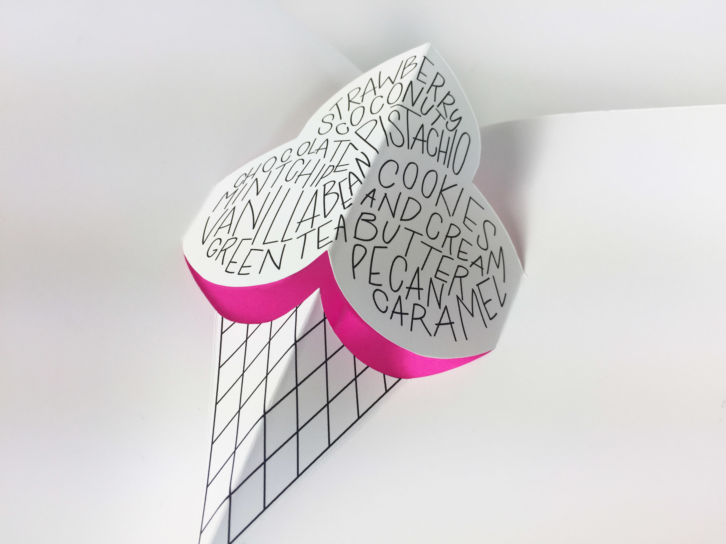  A children's pop-up book with 7 different riddle poems. Each answer is a hand-lettered calligram cut out against fluorescent neon colored paper. The minimal color scheme and typography highlight the shapes and figures of the answers, providing a del