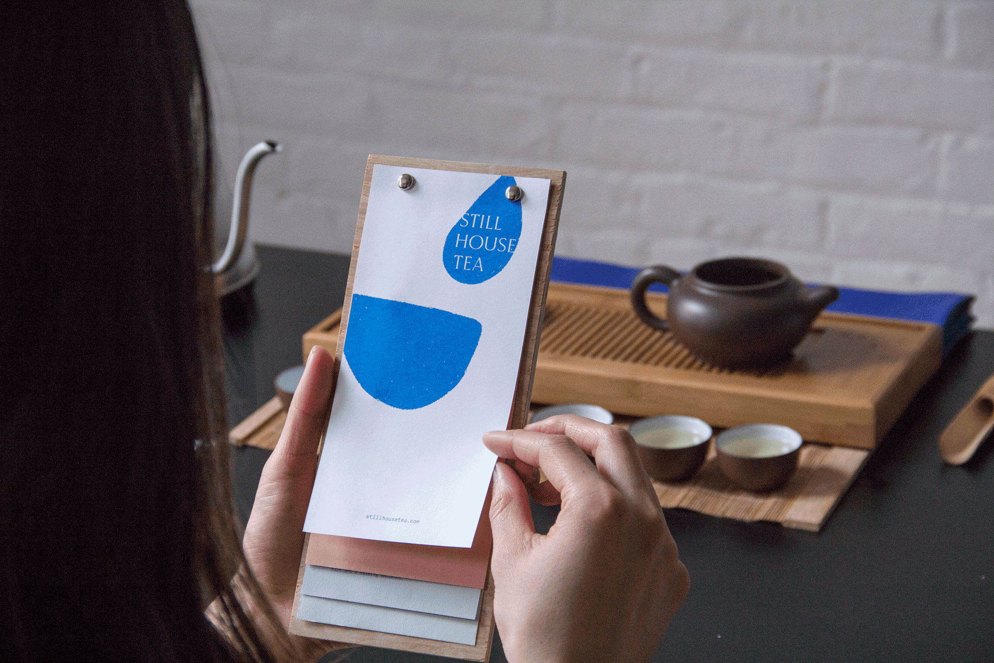  Printed information boards detailing the tea of the day and other fun distractible tidbits are at the table for customers who opt for a more reflective, introspective journey.   The RISOgraph machine was used to print all of our paper goods. In prin