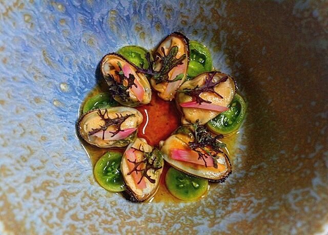 Marinated mussels. Sweet jade tomatoes. Pickled pink celery. Mussel jus