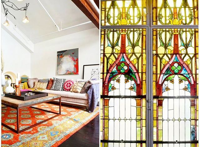 A vibrant penthouse styling I worked on in a converted  Methodist Church residence. The interior decor borrows the color palette of the stained glass windows of this Romanesque Revival gem in Greenwich Village, creating a rich and layered interior. #