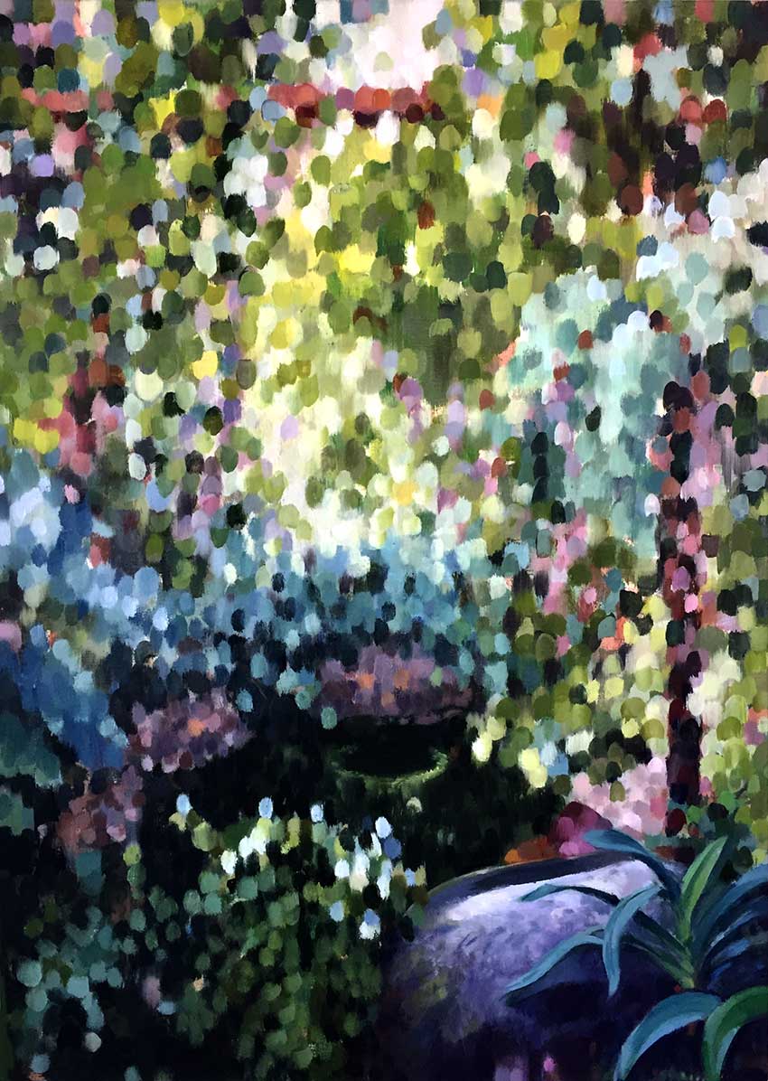 DAPPLED GARDEN I  oil on canvas  25 x 18"  2019 Andra Norris Gallery, Burlingame, CA