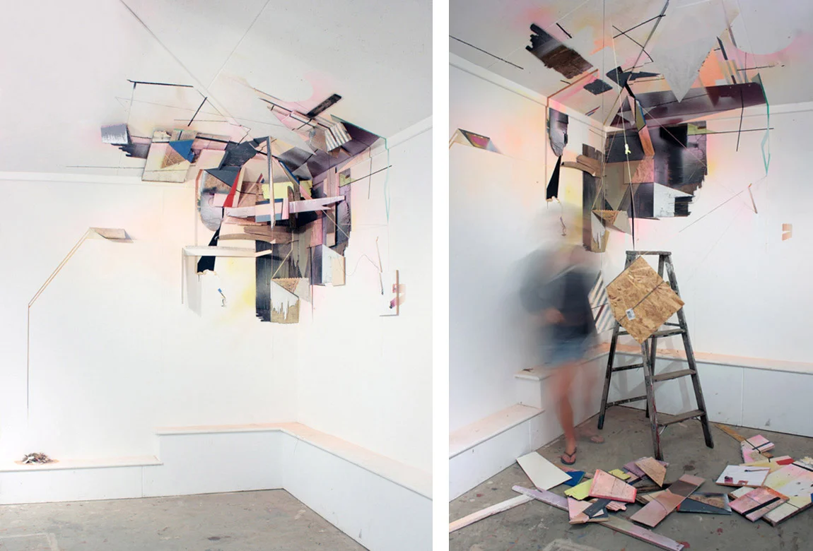 CORNERPIECE, JUNE 2011 site specific installation with wood, string, acrylic paint, spray enamel and salvaged building materials, 144 x 120 x 66 inches, 2011