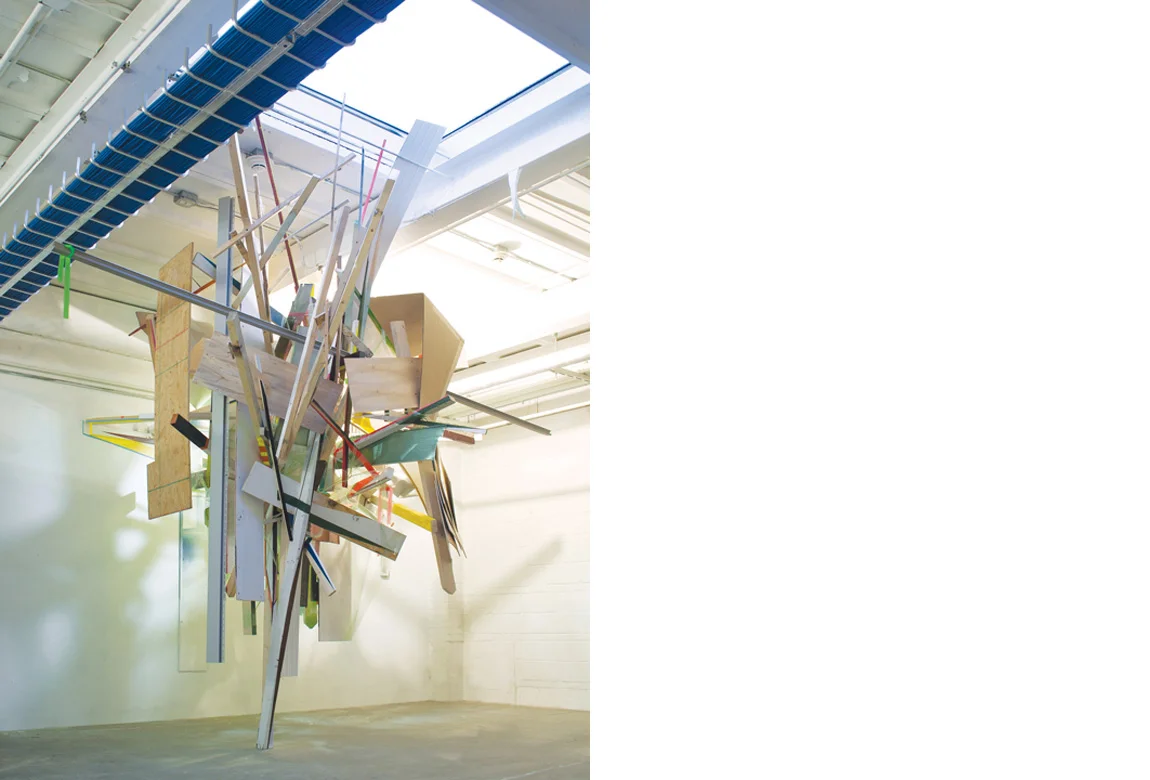 HANGAR Site specific installation with wood, cellophane, aluminum, acrylic paint, spray enamel, cardboard, compact fluorescent light bulbs, extension cords, clear polyethylene sheeting, vinyl siding, flagging tape and salvaged building materials, 144 x 168 x 168 inches, 2012