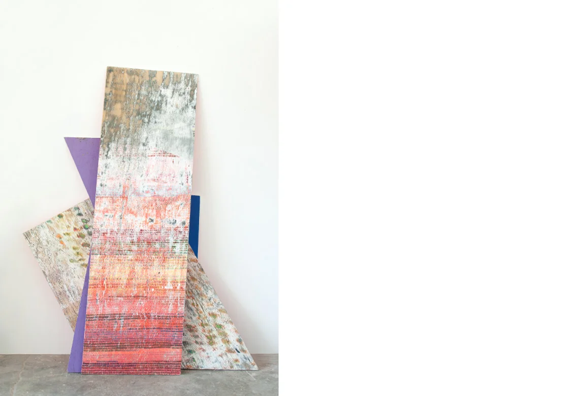 COLOR BOARDS NO. 1 house paint, acrylic and spray enamel on wood, 79 x 58 x 10 inches, 2013