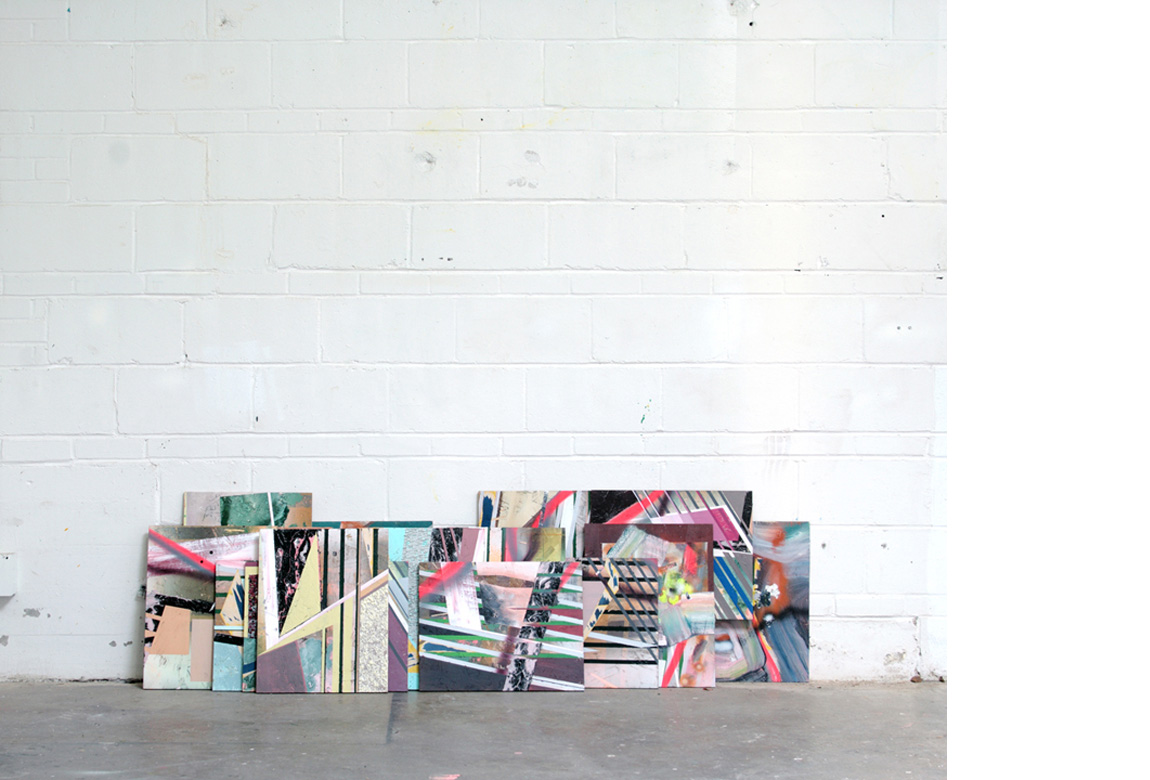 INHERITANCE mixed media on multiple OSB boards, 22 x 70 x 12 inches (19 x 15 inches each), 2011