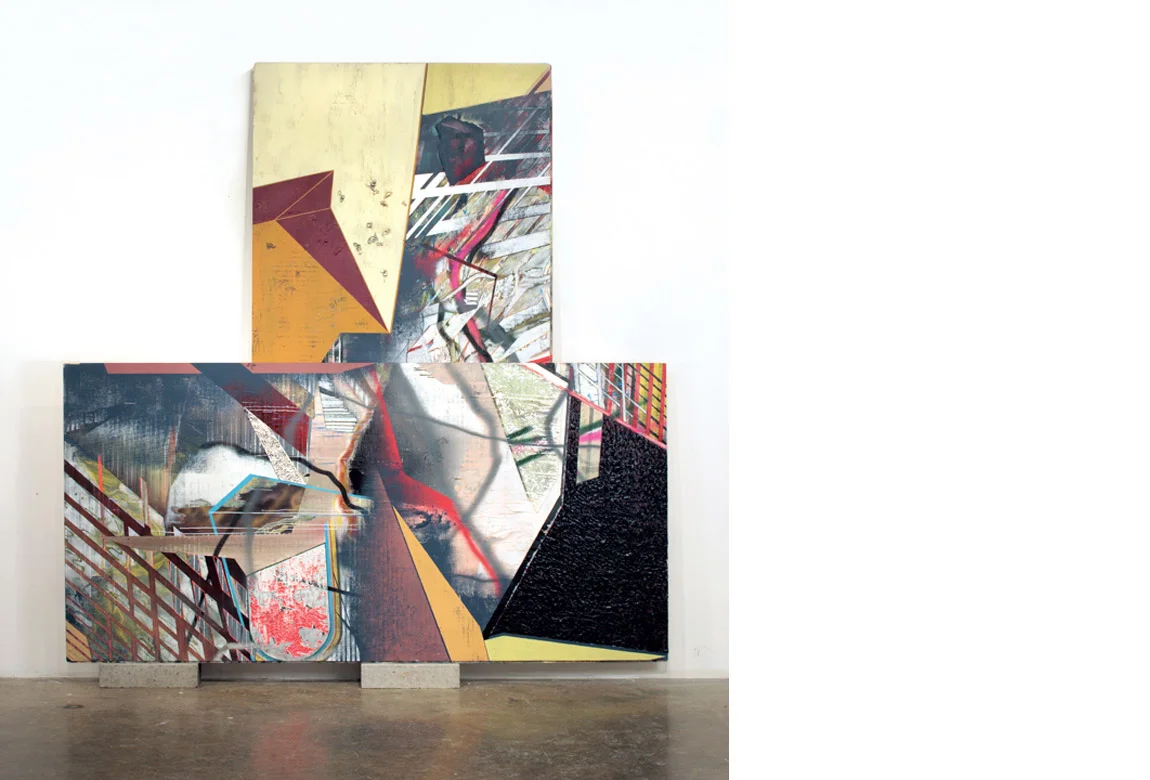 PAINTING NO. 1 acrylic, oil, enamel, spray enamel, paper, staples, foam on plywood mounted on cinderblocks, 99 1/2 x 96 x 10 inches, 2011
