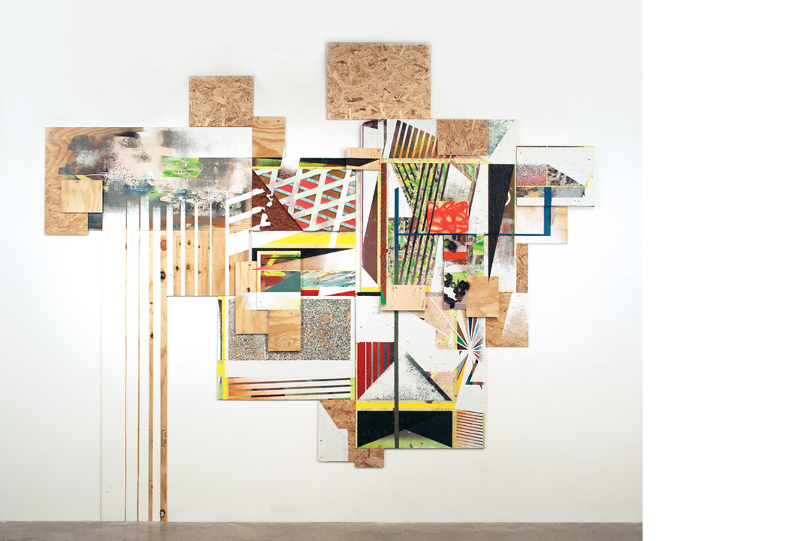 RESITUATING acrylic paint, spray enamel, paper, staples, and foam on plywood and OSB, 110 x 135 x 6 inches, 2011