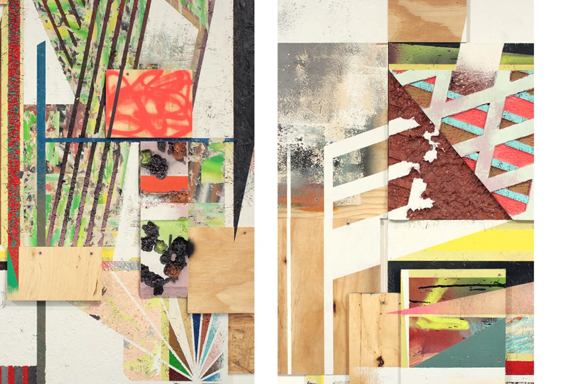 RESITUATING (details) acrylic paint, spray enamel, paper, staples, and foam on plywood and OSB, 110 x 135 x 6 inches, 2011