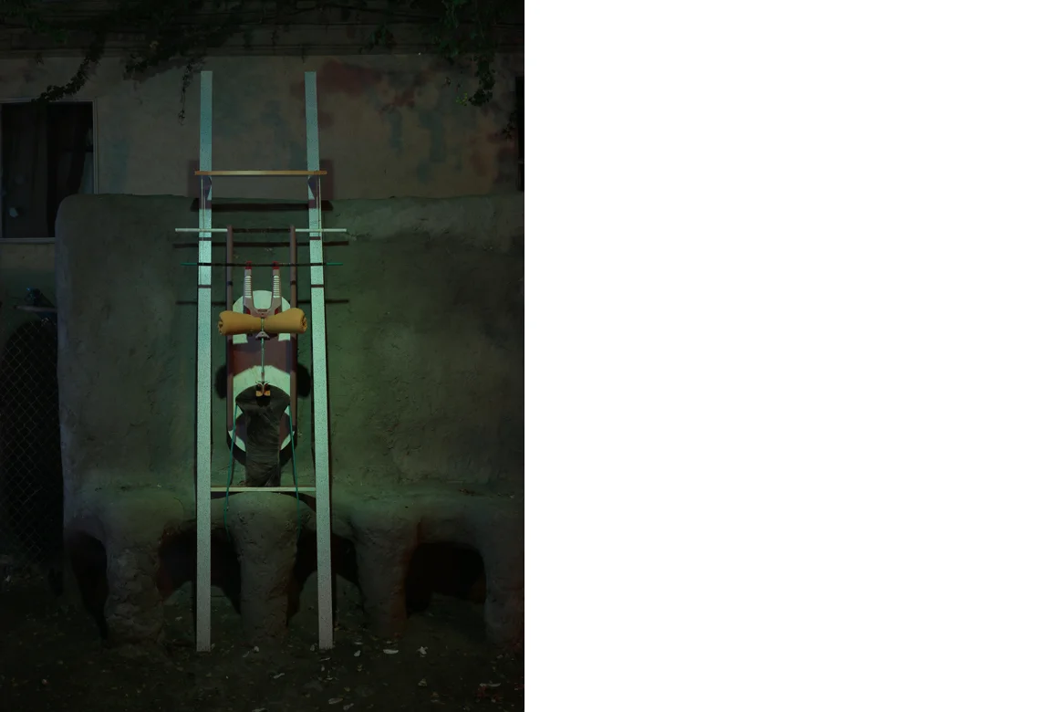 chair plush parts + front fork (site intervention) mixed media with locally found objects, 117 x 33 x 28 inches, 2015