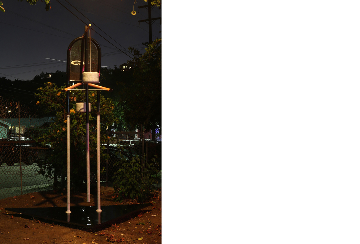 chair back + rear wheels (for reflection) mixed media with locally found objects, 84 x 22 3/4 x 26 inches, 2015