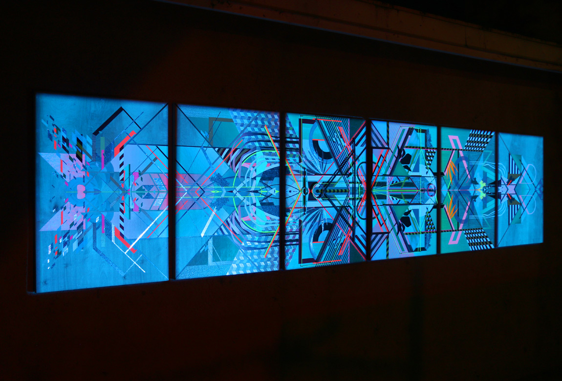  night view of   ACCUMULATION AT 12TH &amp; MARION: PAINTINGS 1-6 (version 2, for Outside Gallery)    mixed media on 6 panels with projection, 32 3/4 x 153 x 2 1/2 inches total (23 3/4 x 32 3/4 inches each), 2015 