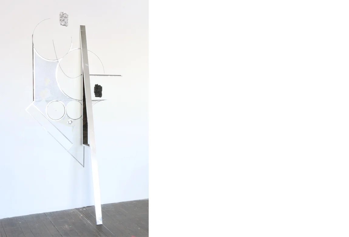 reverberation no. 1 found material, contact paper, linoleum, cast plaster, enamel, elctrical tape, nails | 90 x 46 x 21 inches | 2016