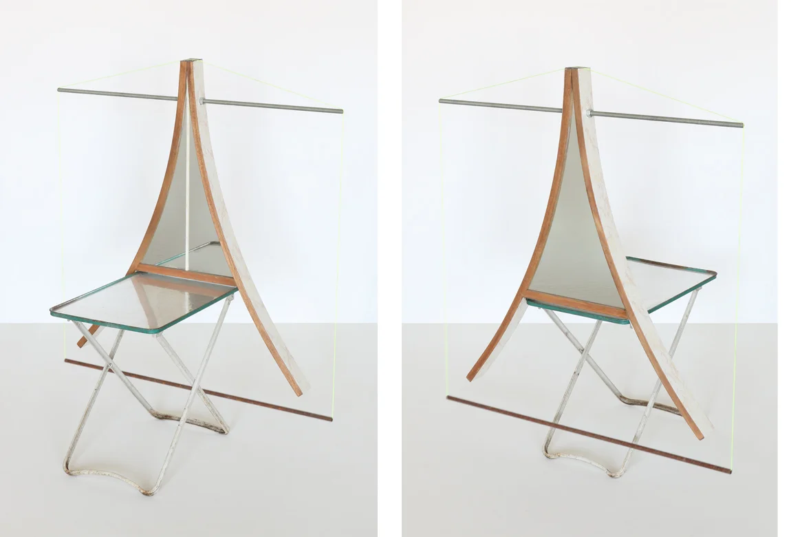 rocking chair + tray table (reflection pool) found objects, mirror, mirrored Mylar, string, metal rods, contact paper | 43 x 36 x 20 inches | 2015