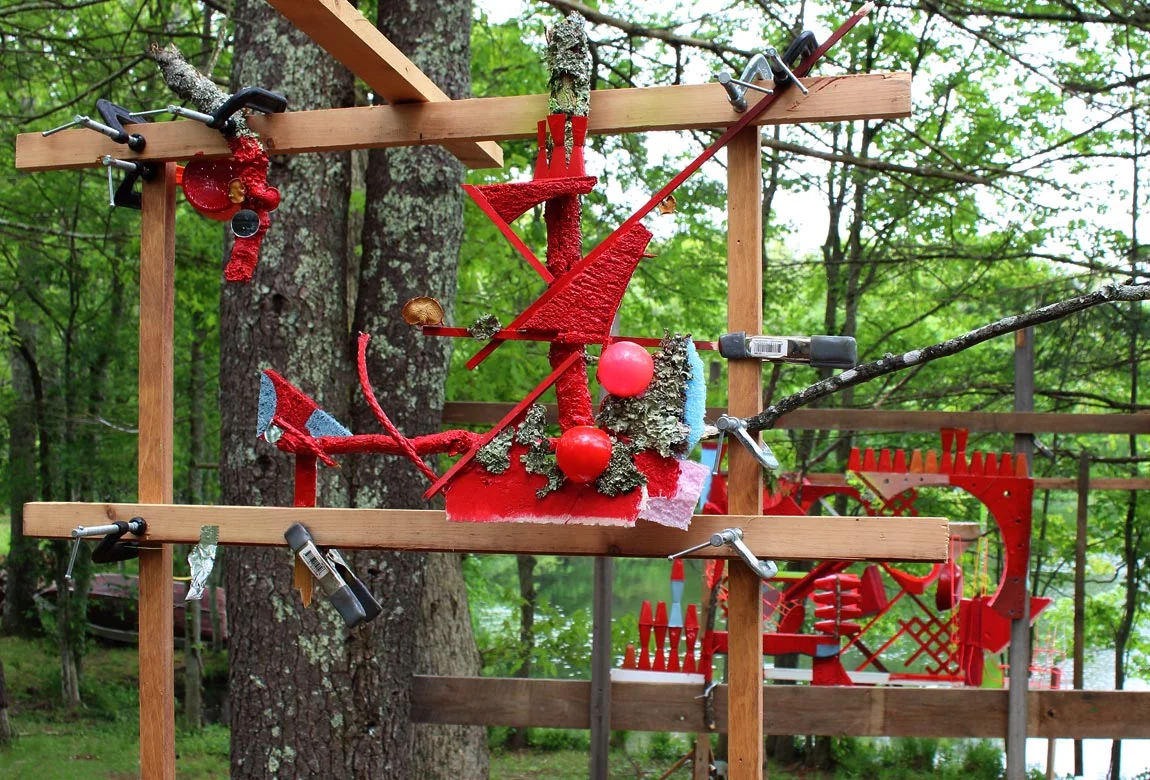 Virtual Subsumption with Converse Material Effect Site-specific mixed media installation produced for a stop-motion video for the 2017 I-Park Site-Responsive Biennale (East Haddam, CT), 12 x 20 x 70 ft, June 2017