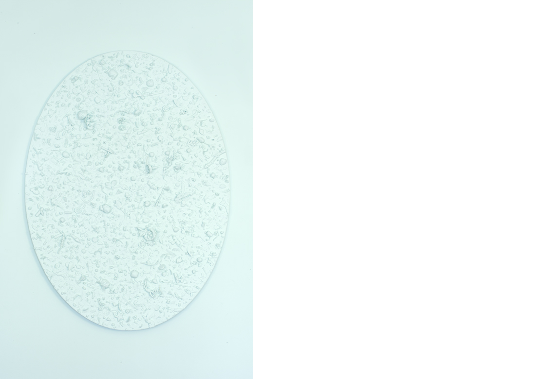    Refuse Aggregate in Spring Valley Hue (large oval)    mixed media on panel, 52 x 38 x 3.25 inches, 2018 