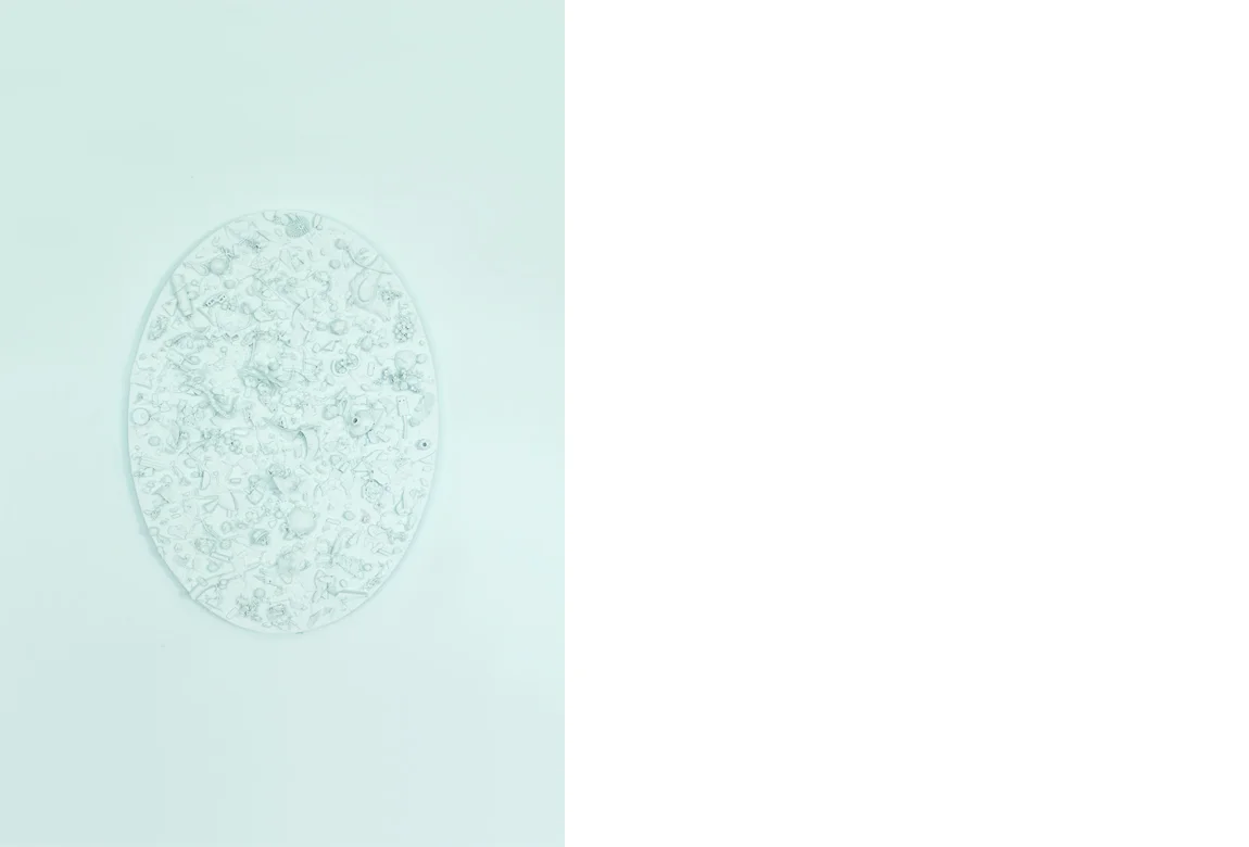 Refuse Aggregate in Spring Valley Hue (medium oval) mixed media on panel, 25 x 18 x 2.25 inches, 2018
