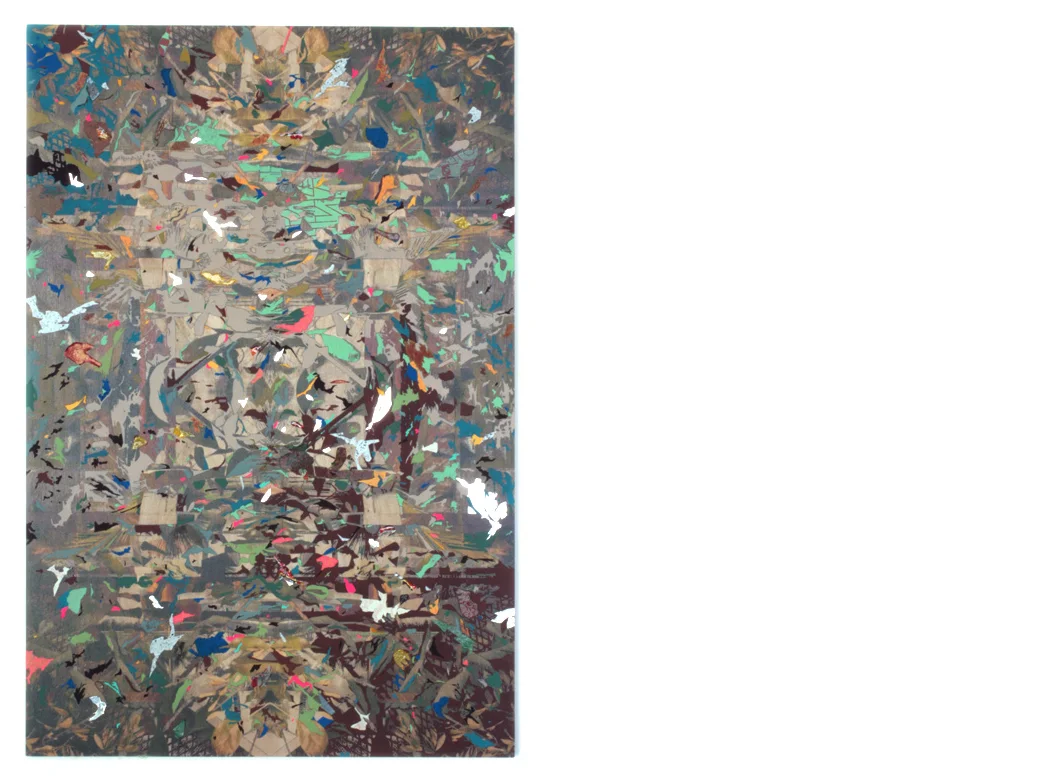 40 days in 8332 scenes: extrapolation no. 3 mixed media on still printed on panel | 29 3/4 x 20 inches | 2017