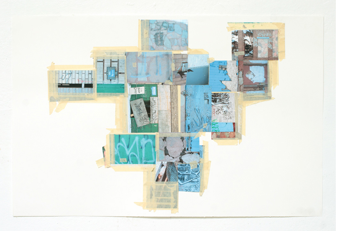    STUDY FOR RECONSTRUCTING MICHIGAN AVE BETWEEN 25TH &amp; 26TH    photo collage and tape on paper, 25 3/4 x 40 inches, 2011 