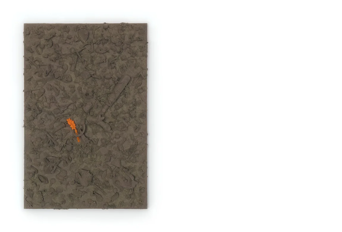 refuse aggregate in garden gate hue too many things to name, flocked on a panel | 24 x 16 x 3 inches | 2019