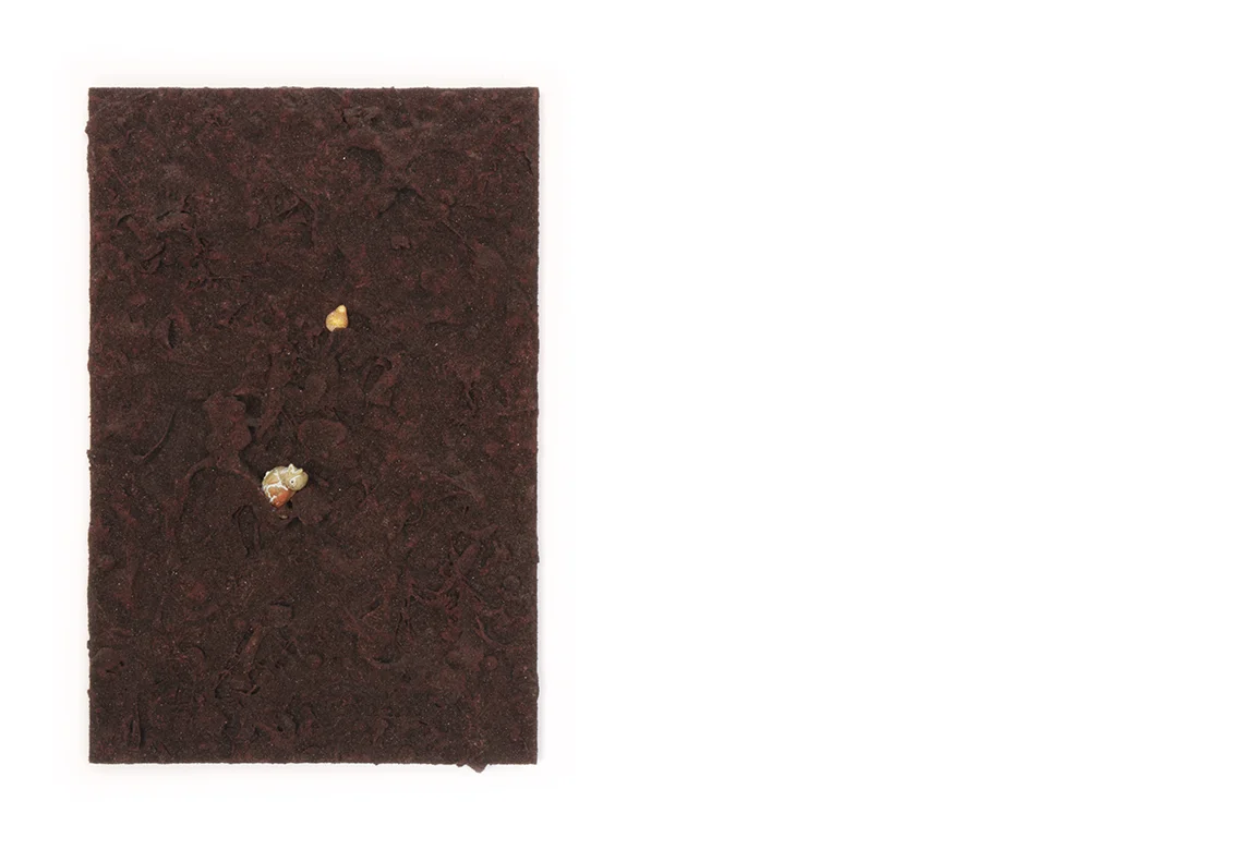 refuse aggregate as cinder cone too many things to name, painted then covered with sand on a panel | 24 x 16 x 3 inches | 2019