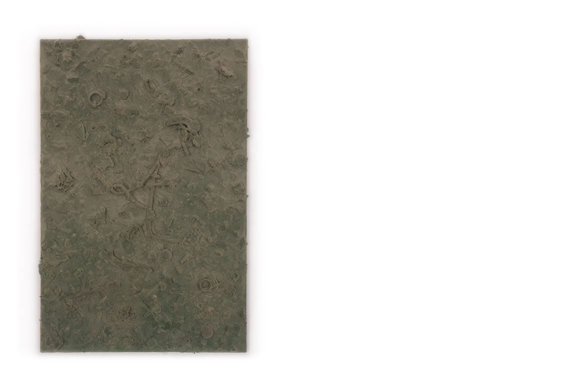    refuse aggregate in artichoke hue    too many things to name, flocked on a panel | 24 x 16 x 3 inches | 2019 