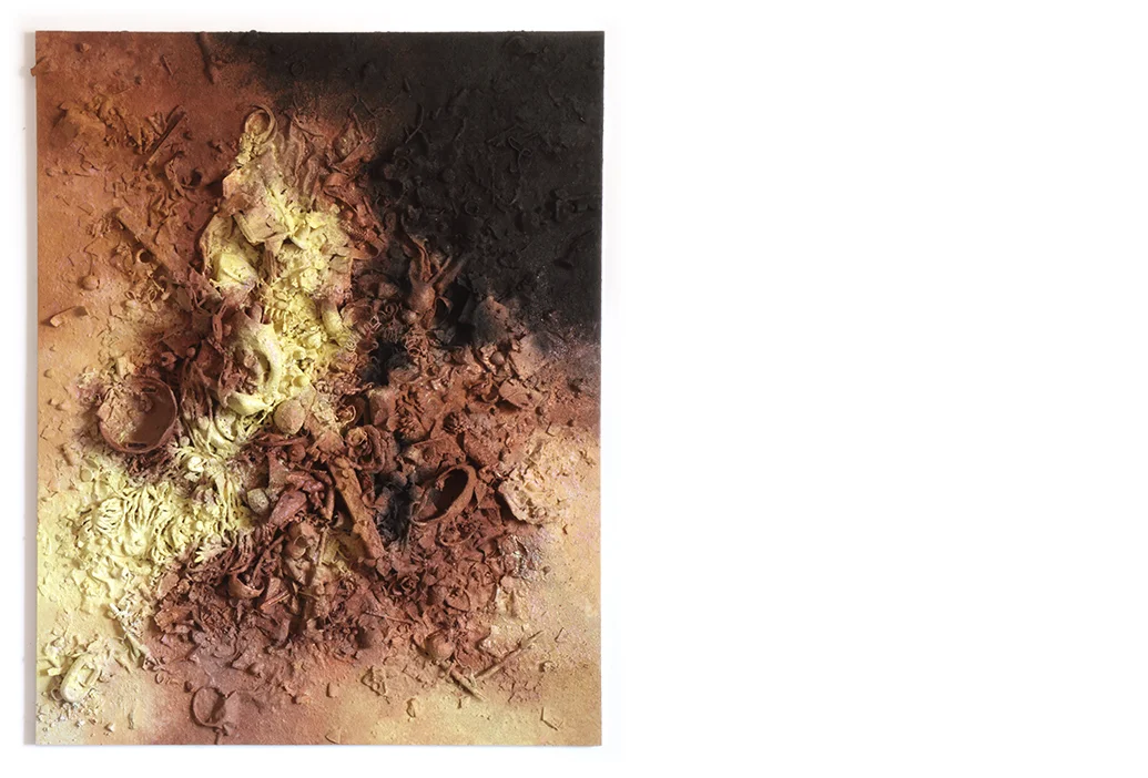 large refuse aggregate panel (after Capital Reef Monocline) Salvaged discarded materials, aqua resin, joint compound, sand, powdered tire rubber, pigment, glitter on panel | 60 x 48 x 9 inches | 2019
