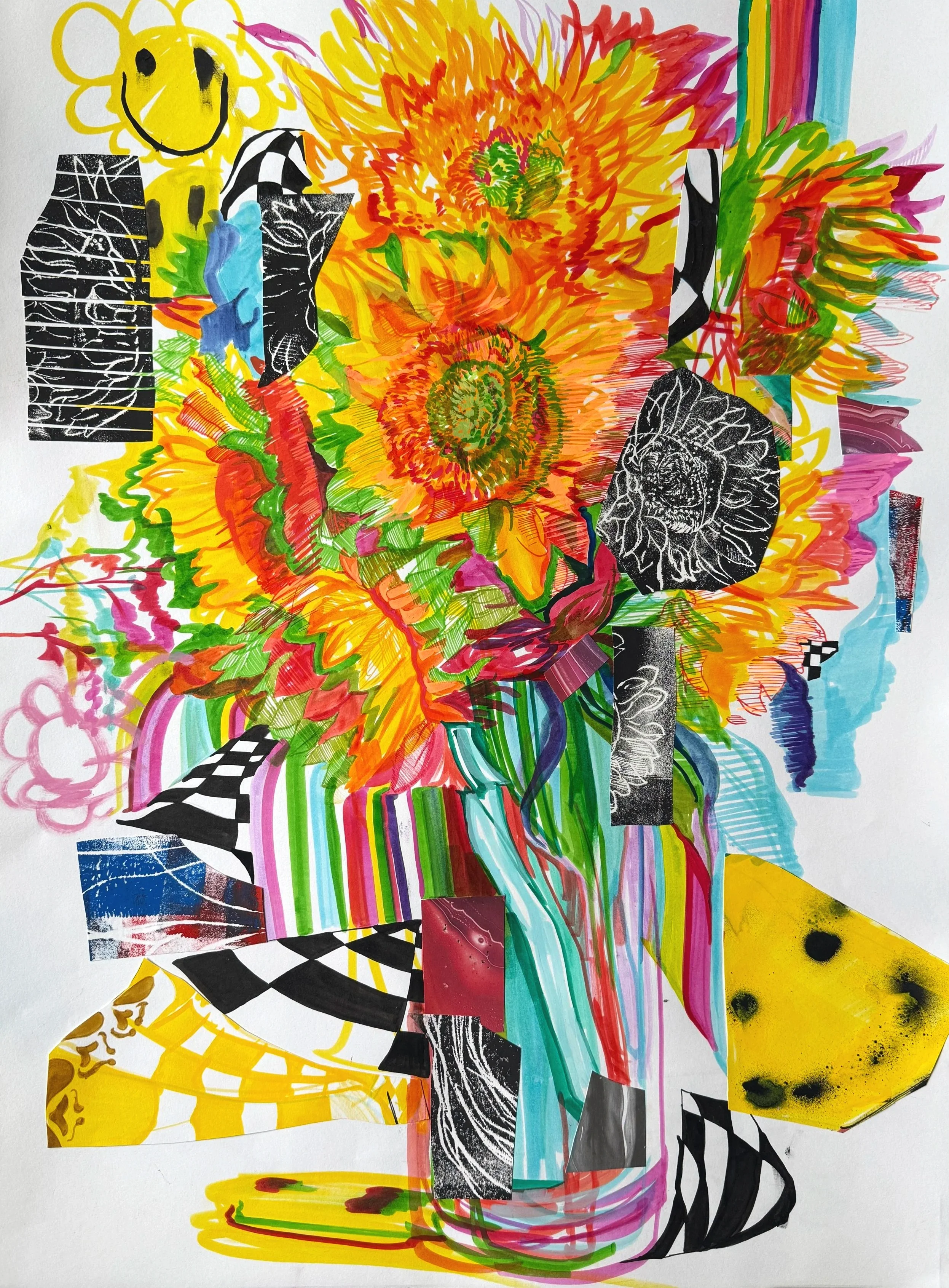 August Sunflowers

 

 Mixed media and collage on paper, 22 x 30 in., 2026. 