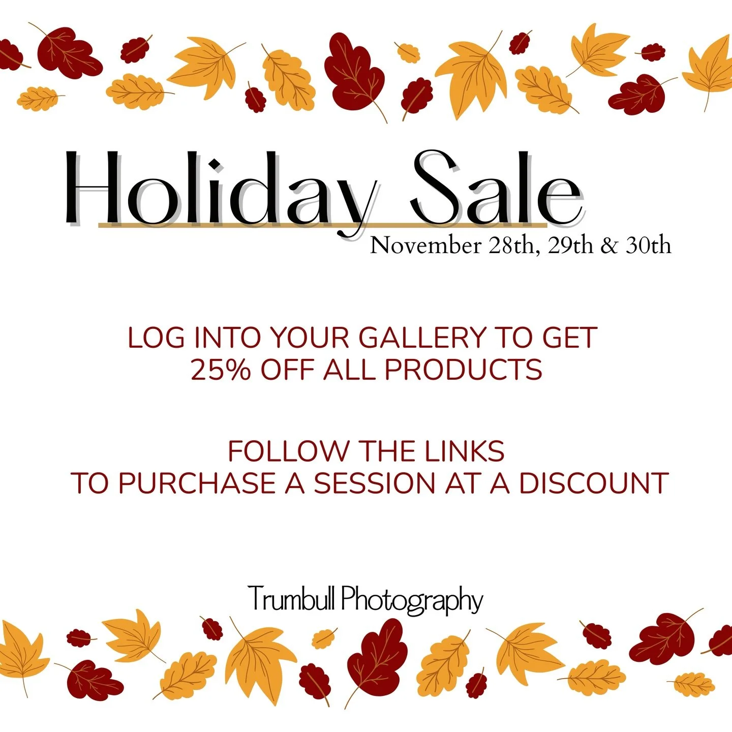 This promotion ends at 11:59pm on the 30th so don&rsquo;t wait!

❄️Deck your walls with beautiful printed photos:

25% off physical print products from your existing gallery this weekend. This includes classic prints, metal prints, canvases, acrylic,