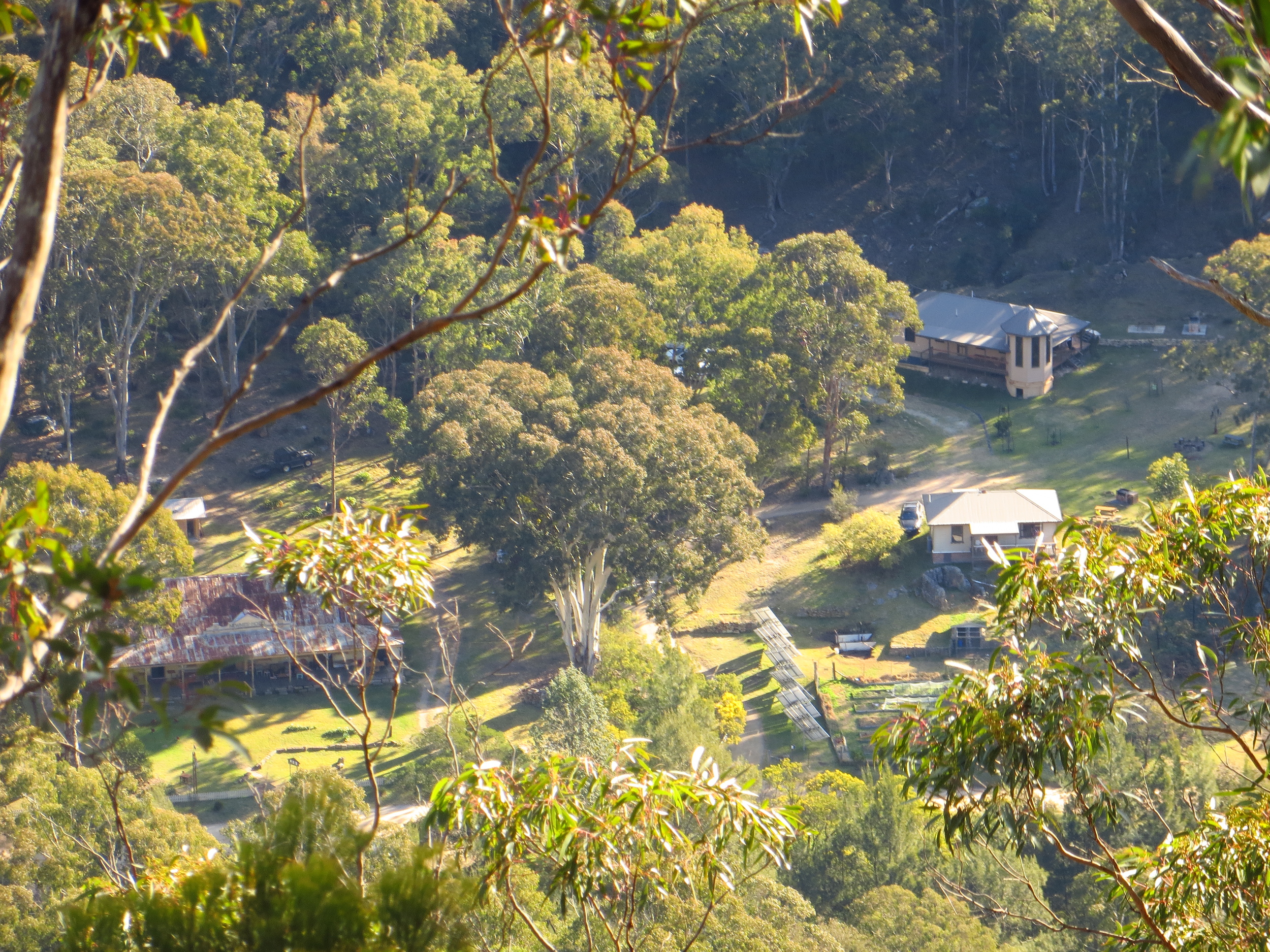 This photo shows our W ollemi and Wolgan cabins as seen from atop ' Mystery Mountain '.