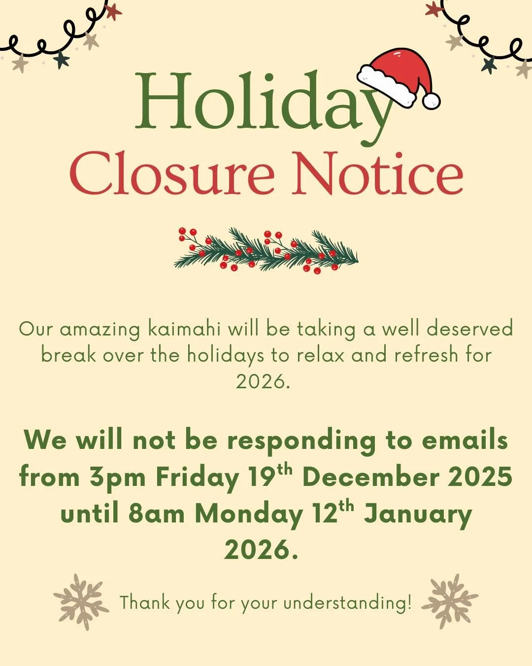 ✨ As the holiday period comes near, we want to let you know of our closure dates! If you require a response from one of our team members - please get in touch with us before GlowKids closes for the year!🎄
